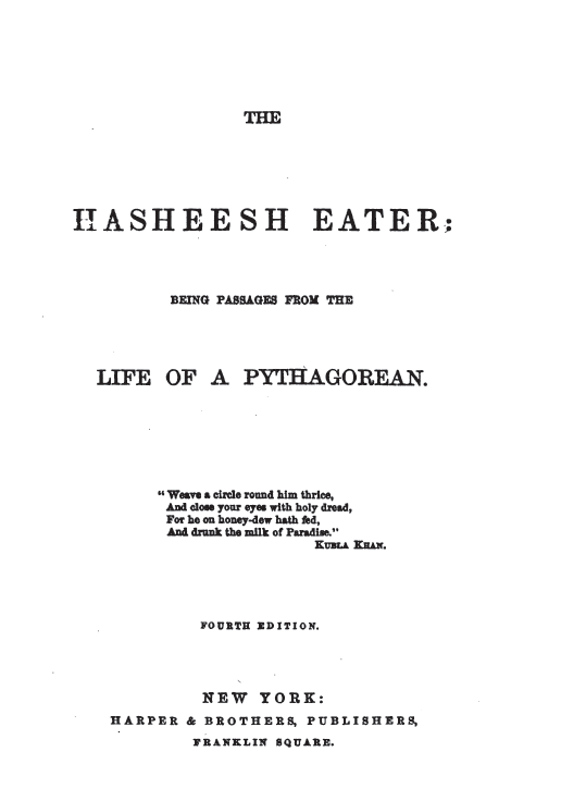 Title page of The Hasheesh Eater by Fitz Hugh Ludlow, 1857